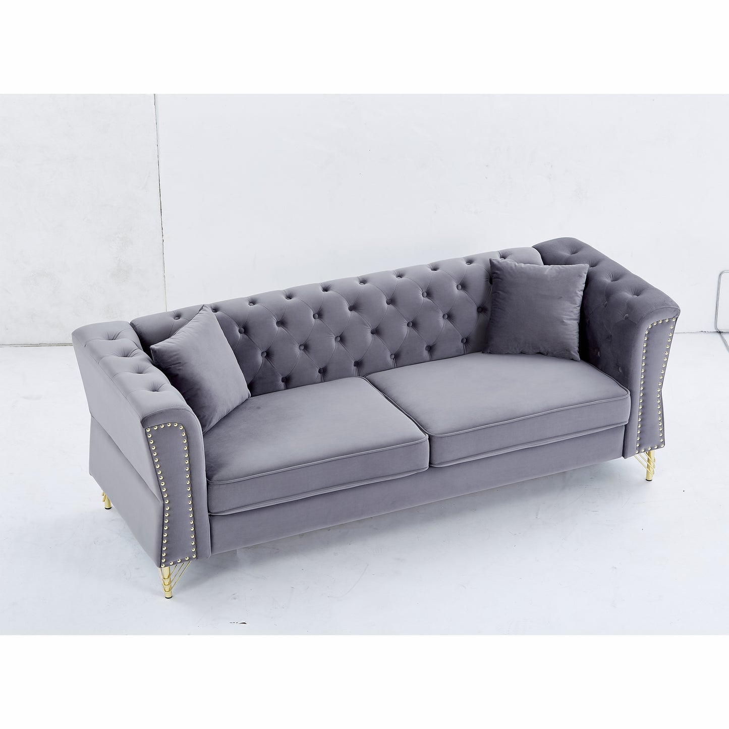 3-seater Combination Sofa Tufted Couch with Rolled Arms and Nailhead for Living Room, Bedroom, Office, Apartment, four pillows