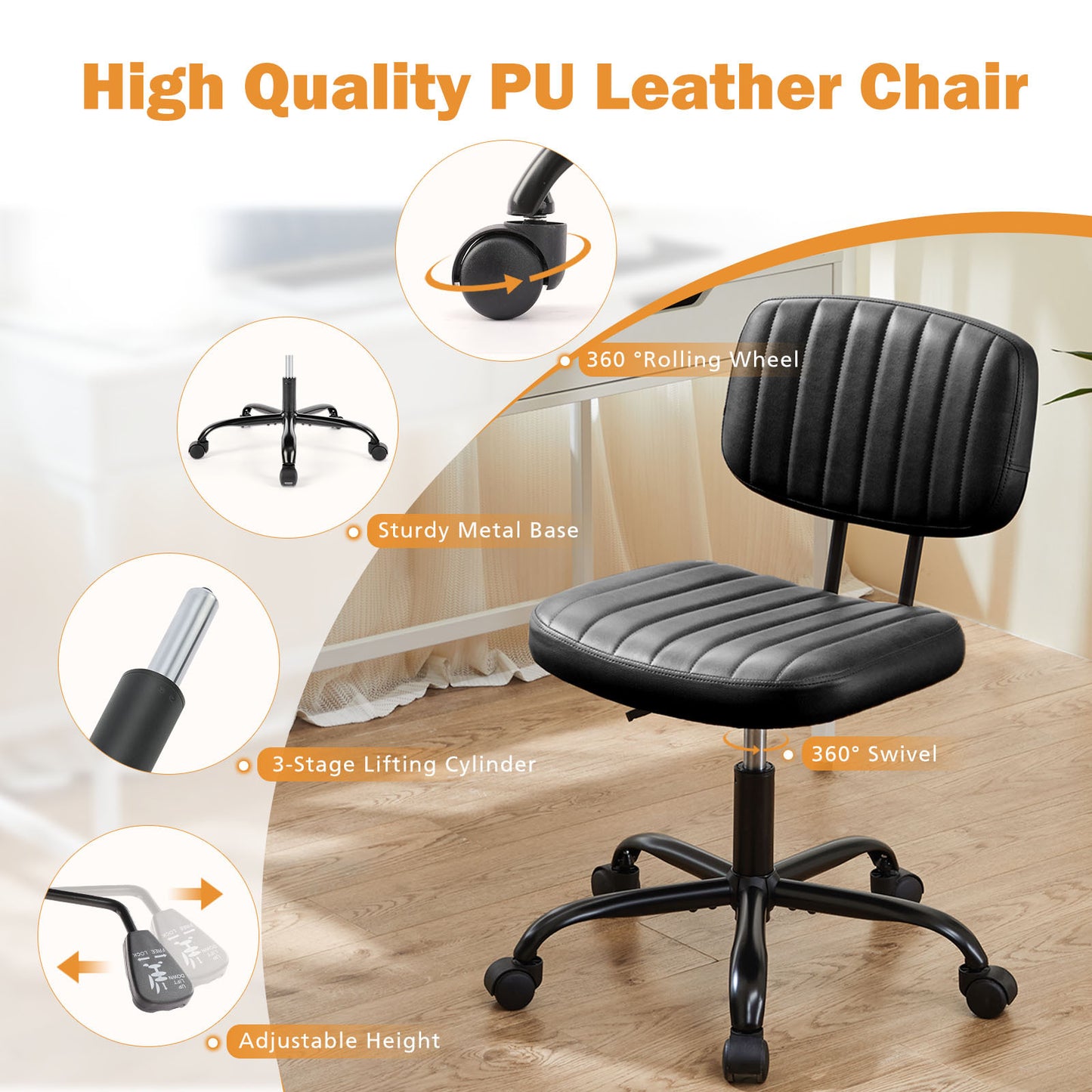 SWEETCRISPY PU Leather Low Back Task Chair Small Home Office Chair with Wheels