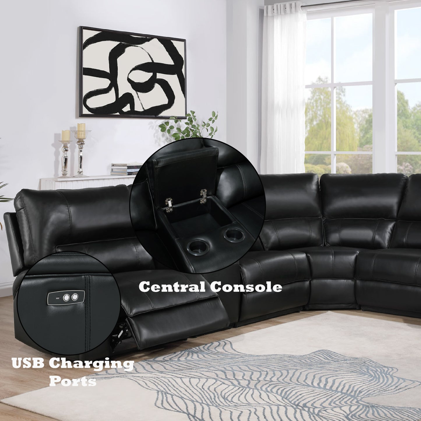 Saul Black Leather Aire Power Recliner Sectional Sofa w/ USB Port & Cupholder Console