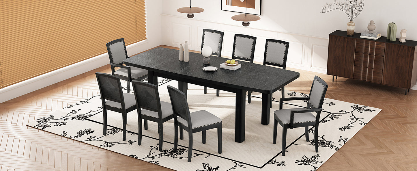 TOPMAX Rustic Extendable 84inch Dining Table Set with 24inch Removable Leaf , 6 Upholstered Armless Dining Chairs and 2 Padded Arm Chairs, 9 Pieces, Black