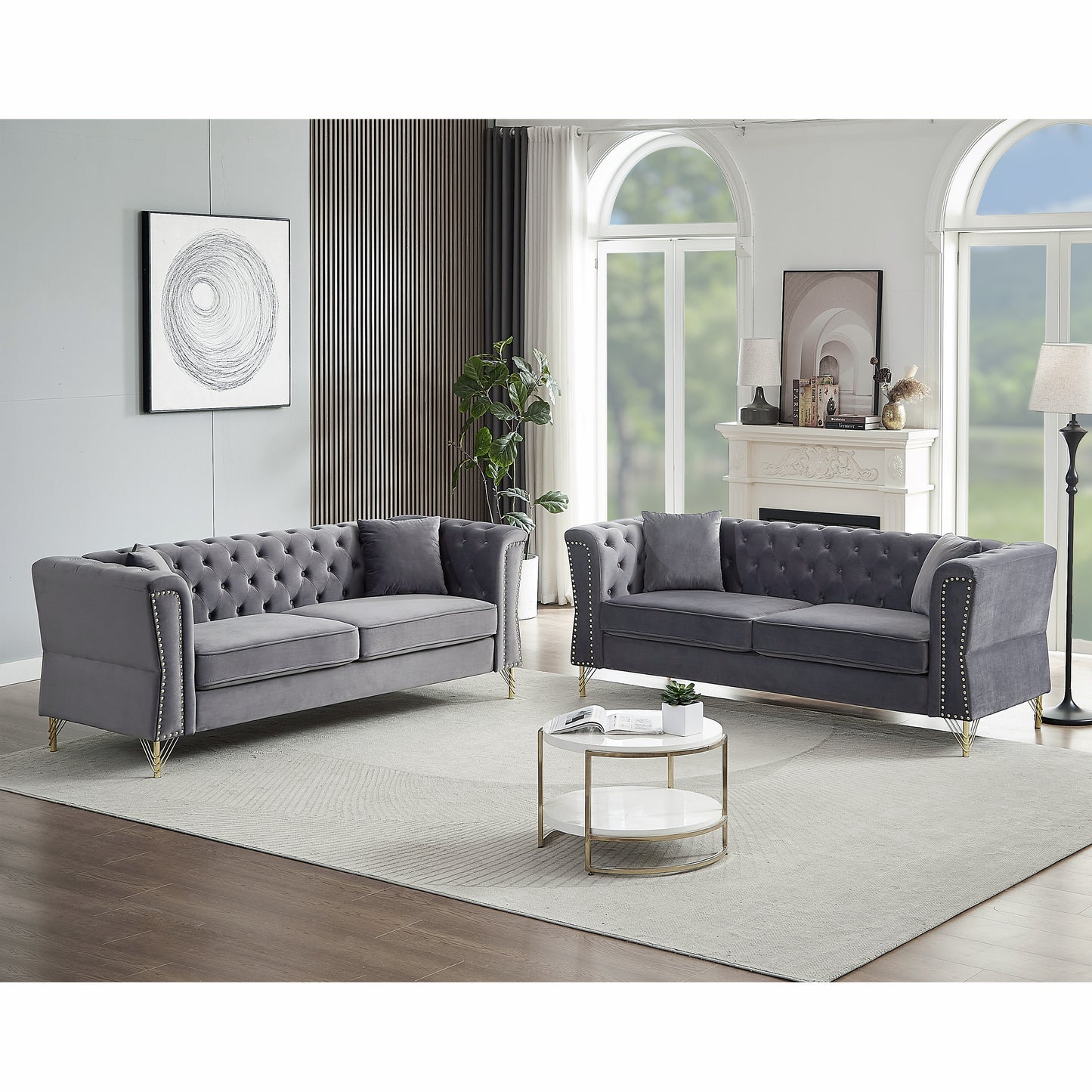 3-seater Combination Sofa Tufted Couch with Rolled Arms and Nailhead for Living Room, Bedroom, Office, Apartment, four pillows