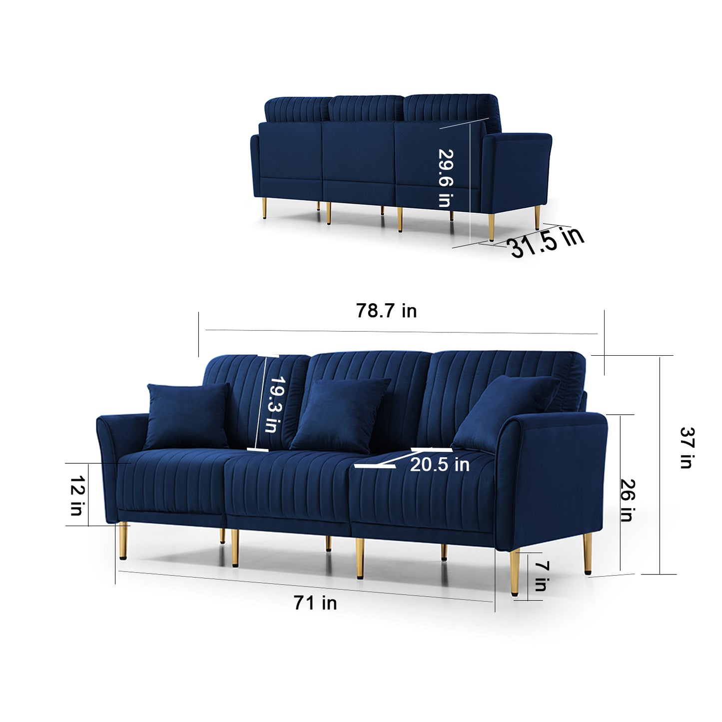 81.9" Navy Blue Velvet Channel Tufted Upholstered 3-Seater Sofa Scrolled Arms With 3 Pillows