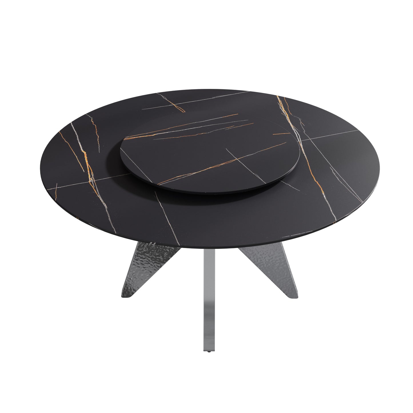 59.05" Round Marble Dining Table with Silver Stainless Steel Design Base, Artificial Marble for 6-8 People, 31.5"Black Artificial Stone Turntable,Black (Dining Table Only)