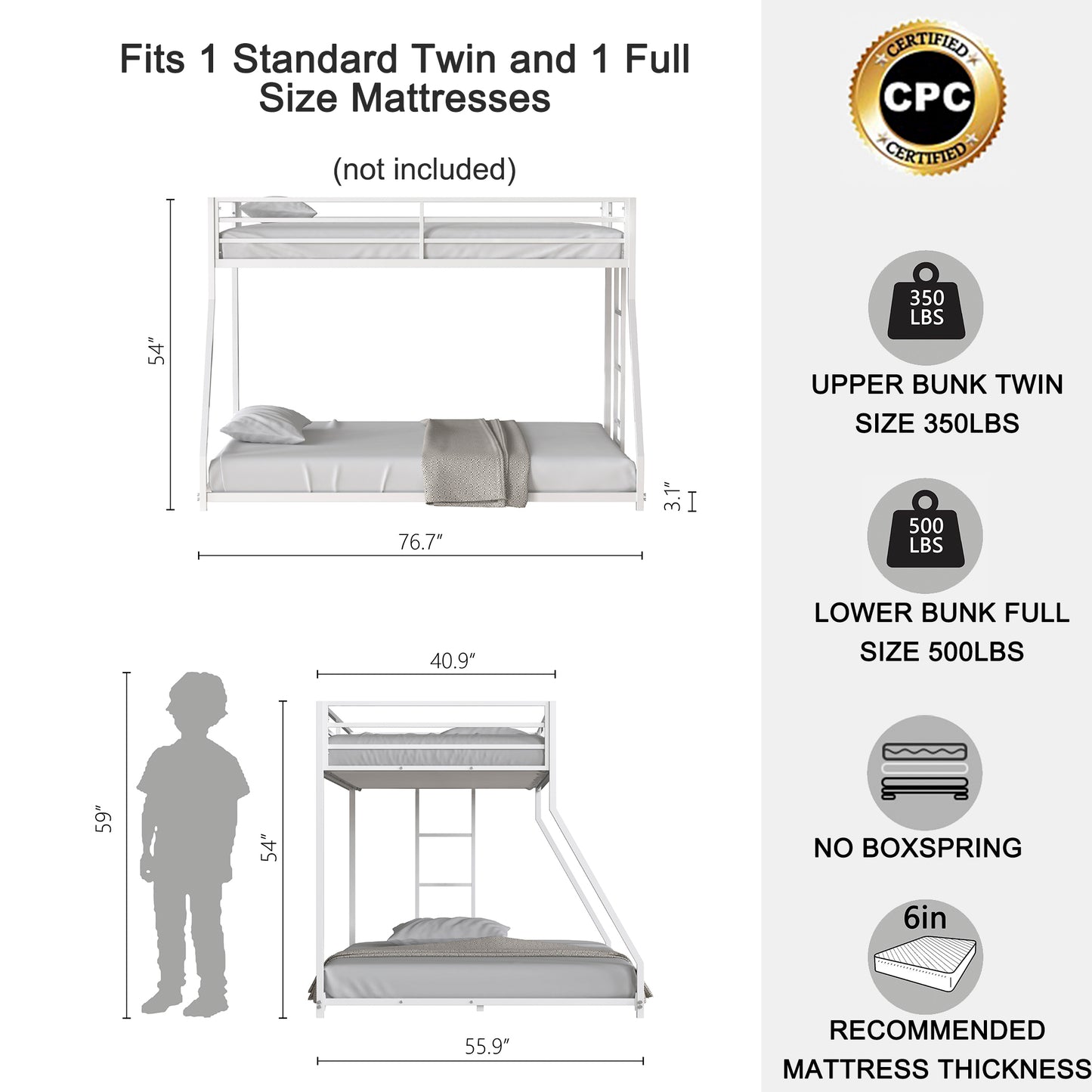 Adam Sturdy Twin over Full Metal Bunk White for Kids and Adult, Low Profile and Easy Climbing with Stable Ladder